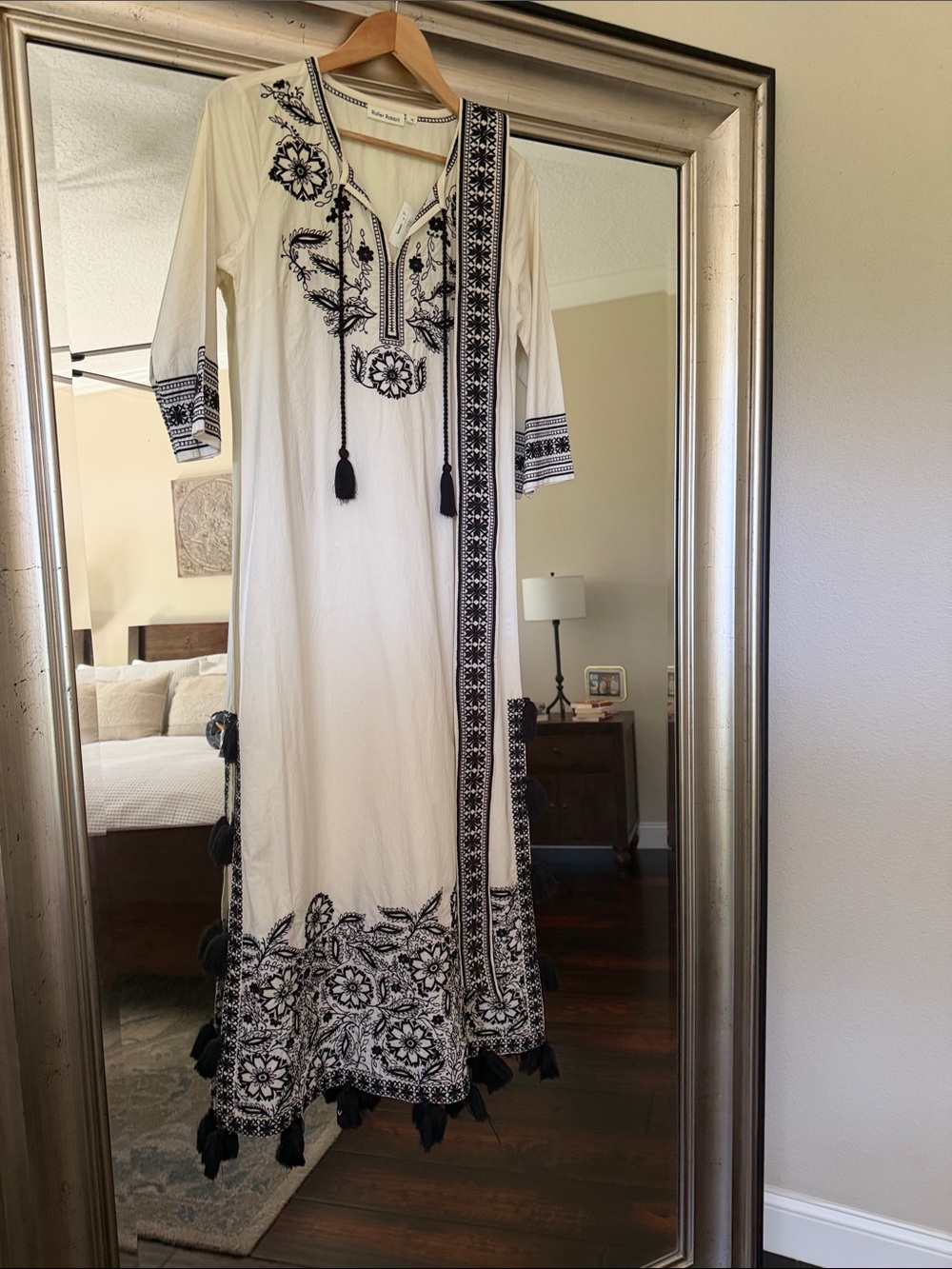 Roller Rabbit White Maxi Dress with Black Embroidery and Tassels